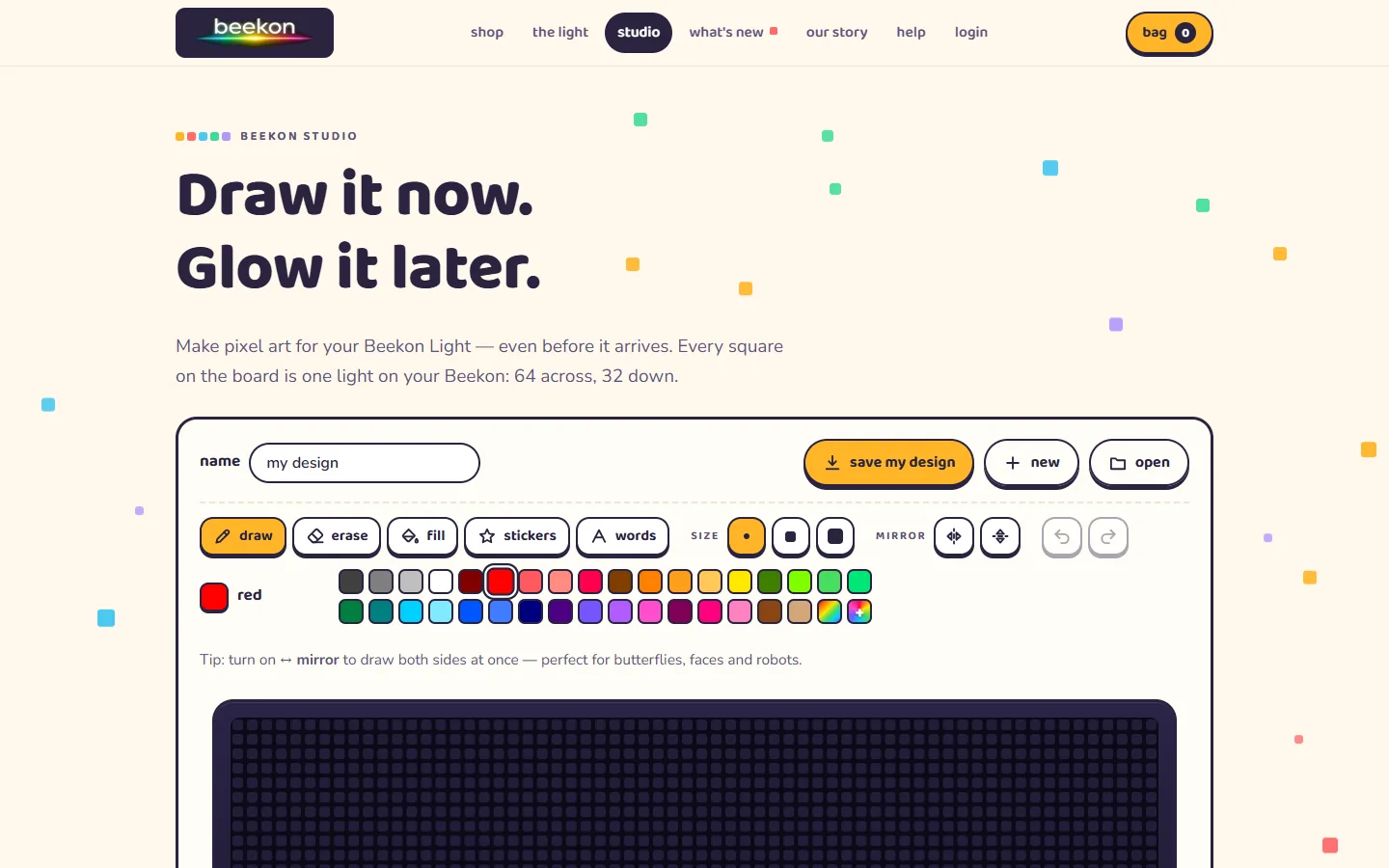 The Studio: draw, fill, stickers, words, mirror, undo — then save a PNG the Beekon Canvas app understands.
